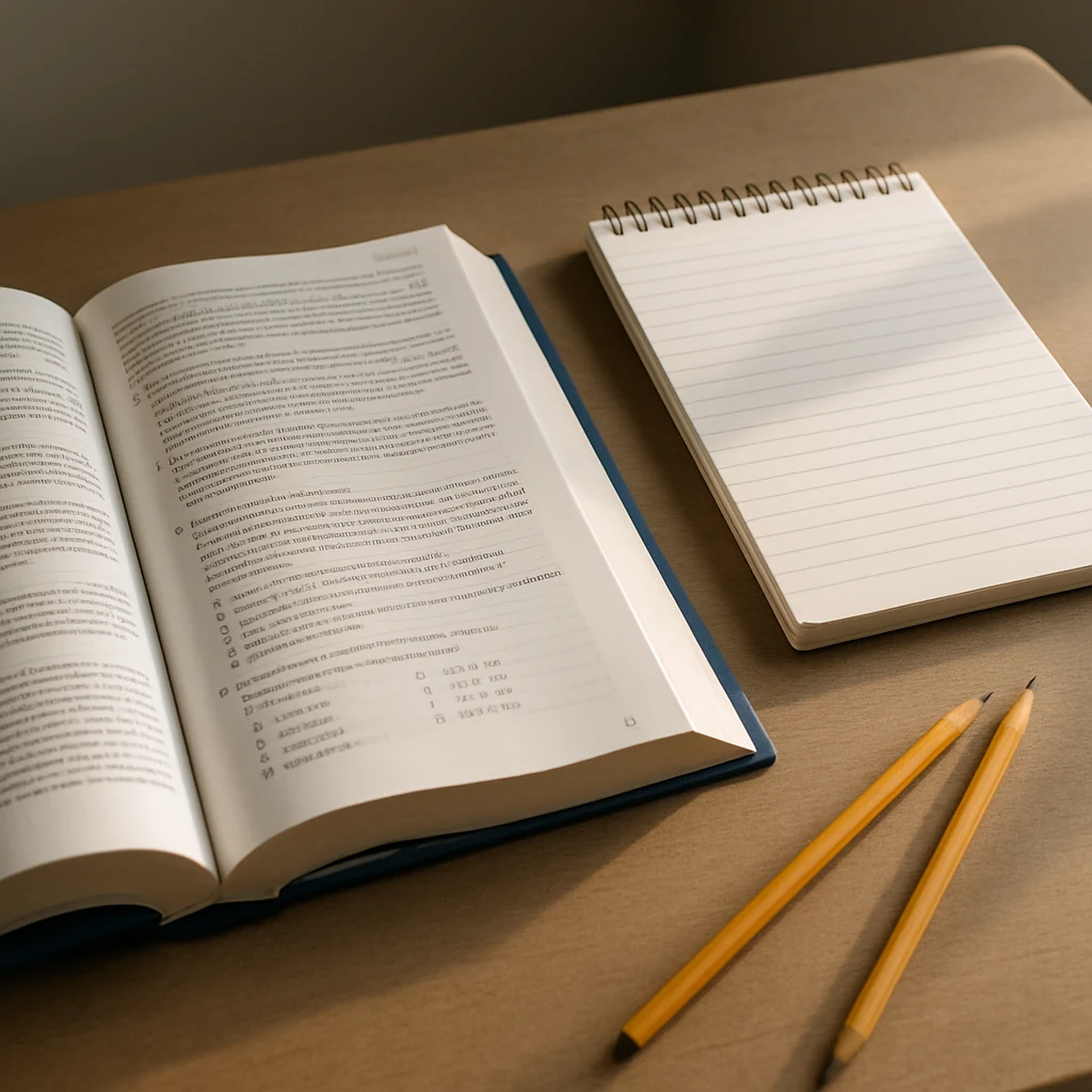 کتاب آمادگی GRE باز شده روی میز مطالعه با دفترچه و مداد