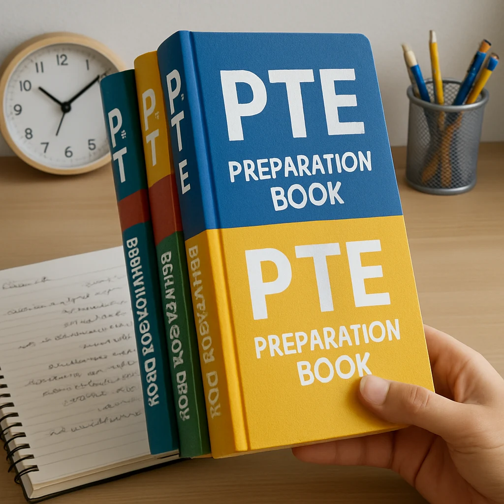 کتاب‌های آمادگی آزمون PTE روی میز مطالعه با یادداشت‌های فارسی