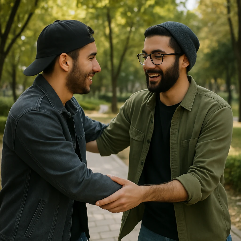 دو دوست جوان در پارک تهران که به انگلیسی احوال‌پرسی می‌کنند