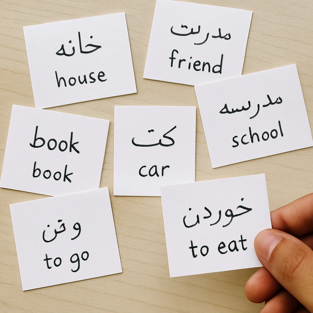 فلش‌کارت‌های دست‌نویس واژگان فارسی-انگلیسی روی میز