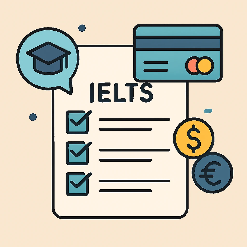 چک لیست هزینههای آیلتس با نماد کارت بانکی و ارز