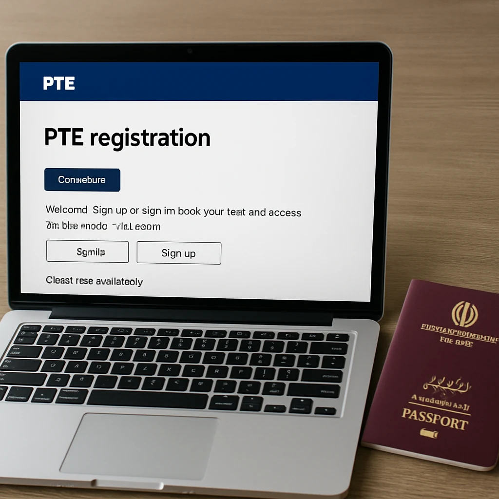لپ‌تاپ با سایت ثبت‌نام آزمون PTE و گذرنامه ایرانی